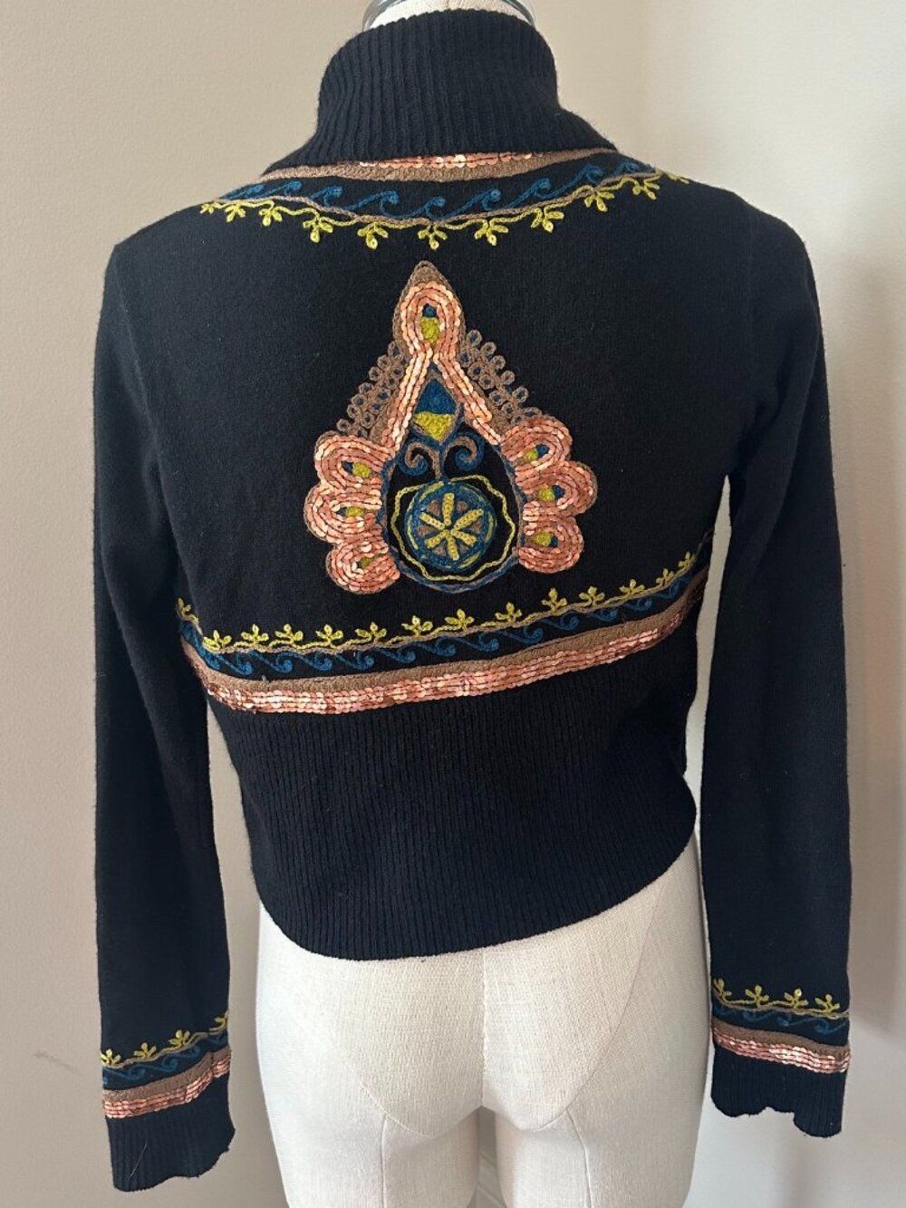 French Connection Black Wool Bolero Shrug w. Sequin & Embroidery Detail Size M
